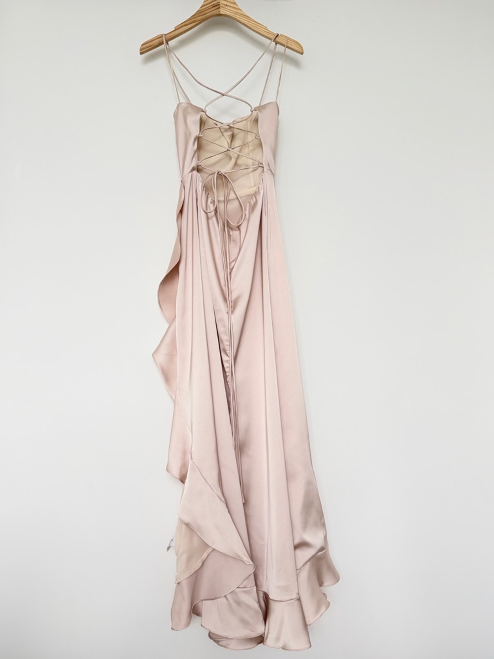 Dress Forum Champagne Satin Lace-Up Back Ruffle Maxi Dress Size M - Picture 7 of 16